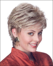 Load image into Gallery viewer, Woman with styled short hair wearing a red garment on a white background
