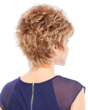 Load image into Gallery viewer, Back view of a person with short, curly blonde hair wearing a blue top on a white background
