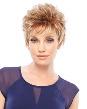 Load image into Gallery viewer, Woman with styled short hair wearing a blue top on a white background
